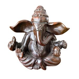 Ganesha Statue Seated Meditating Figurine Elephant Deity Brown Resin 5"